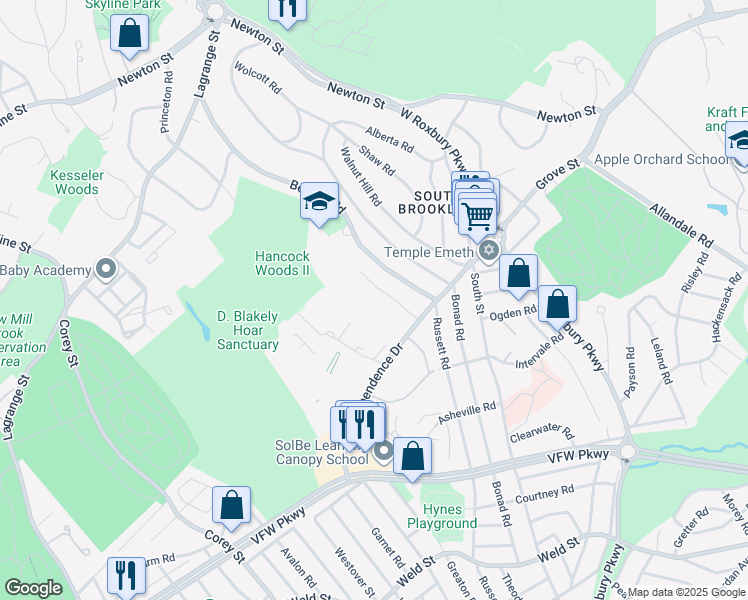 map of restaurants, bars, coffee shops, grocery stores, and more near 149 Gerry Road in Brookline