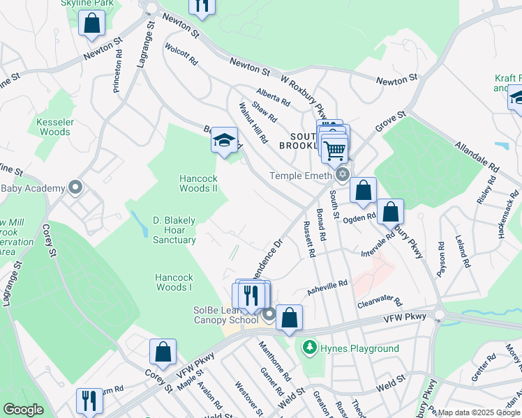 map of restaurants, bars, coffee shops, grocery stores, and more near 149 Gerry Road in Brookline