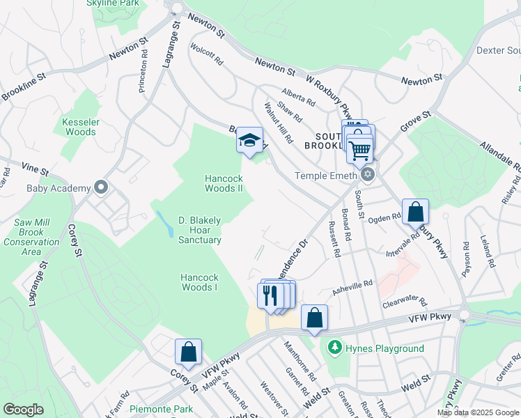 map of restaurants, bars, coffee shops, grocery stores, and more near 178 Gerry Road in Brookline