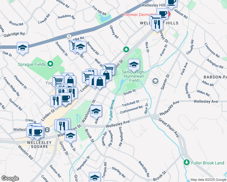 map of restaurants, bars, coffee shops, grocery stores, and more near 24 State Street in Wellesley