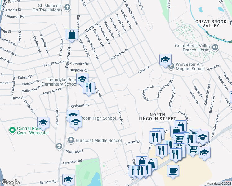 map of restaurants, bars, coffee shops, grocery stores, and more near 131 Longmeadow Avenue in Worcester