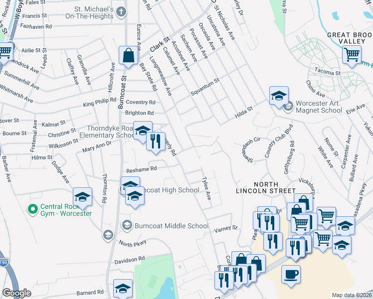 map of restaurants, bars, coffee shops, grocery stores, and more near 7 Hillsboro Road in Worcester