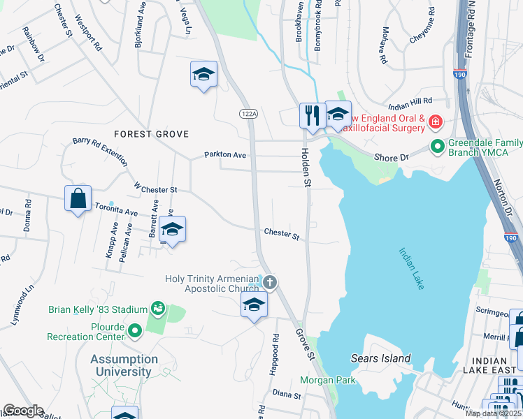 map of restaurants, bars, coffee shops, grocery stores, and more near 10 Jewett Terrace in Worcester