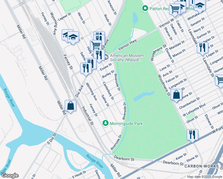 map of restaurants, bars, coffee shops, grocery stores, and more near 1755 Riverside Drive in Dearborn
