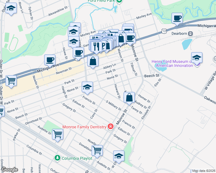map of restaurants, bars, coffee shops, grocery stores, and more near 22221 Beech Street in Dearborn