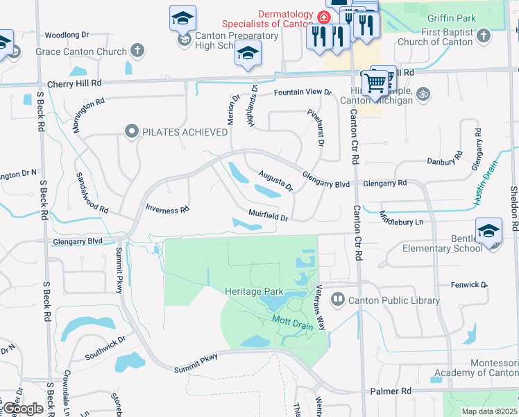 map of restaurants, bars, coffee shops, grocery stores, and more near 45482 Muirfield Drive in Wayne County