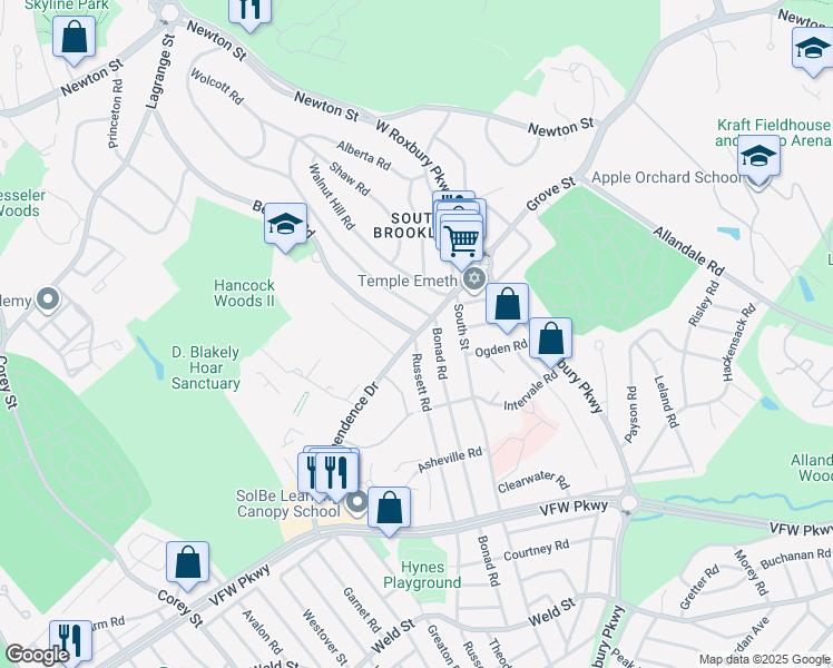 map of restaurants, bars, coffee shops, grocery stores, and more near 296 Beverly Road in Brookline