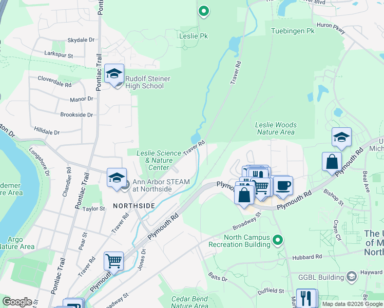 map of restaurants, bars, coffee shops, grocery stores, and more near 1950 Traver Road in Ann Arbor