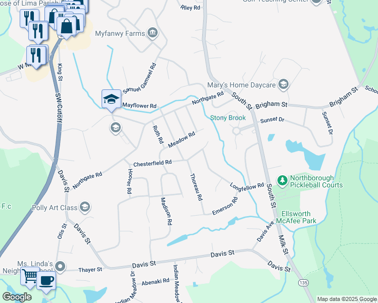 map of restaurants, bars, coffee shops, grocery stores, and more near 1 Eliot Road in Northborough