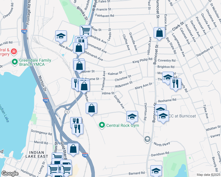 map of restaurants, bars, coffee shops, grocery stores, and more near 16 Wilkinson Street in Worcester