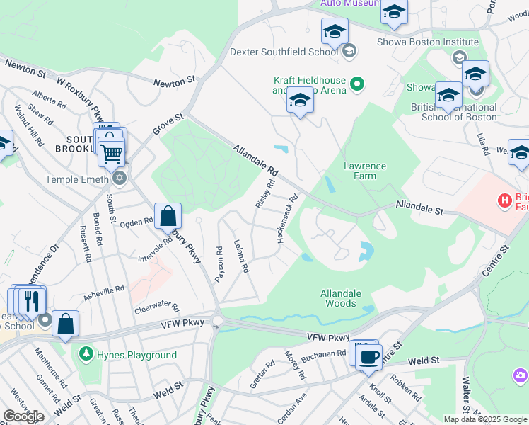 map of restaurants, bars, coffee shops, grocery stores, and more near 9 Sherrin Road in Brookline