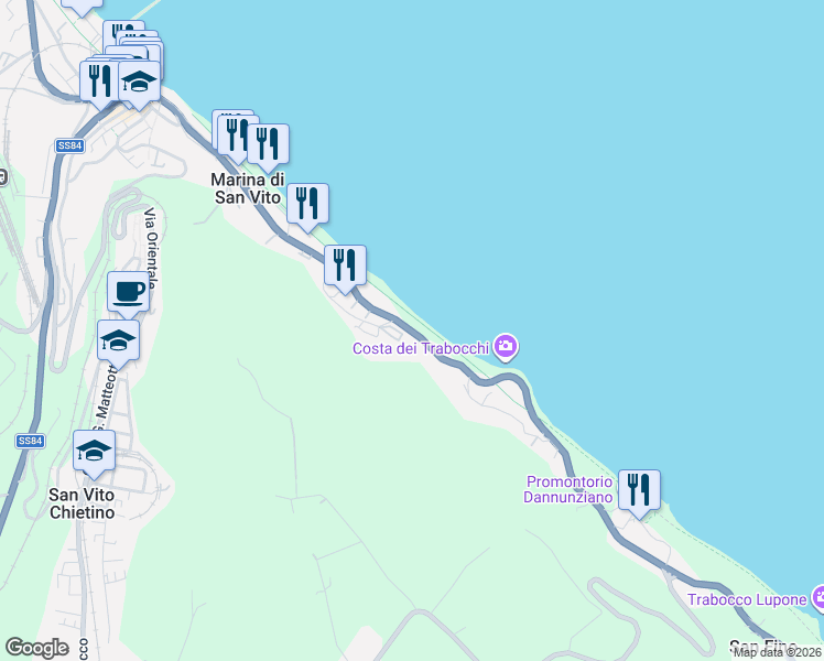 map of restaurants, bars, coffee shops, grocery stores, and more near 84 Contrada Portelle in Marina di San Vito