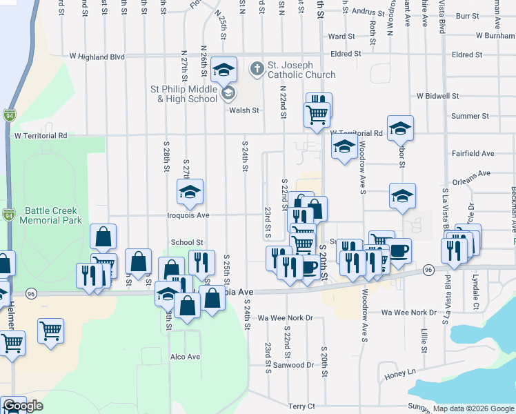 map of restaurants, bars, coffee shops, grocery stores, and more near 89 23rd Street South in Battle Creek