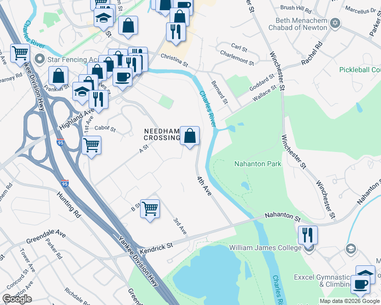 map of restaurants, bars, coffee shops, grocery stores, and more near 33 4th Avenue in Needham