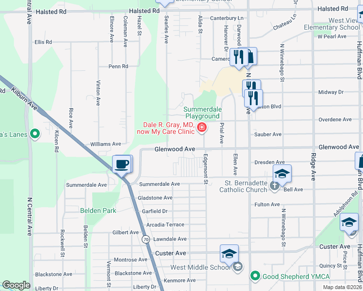 map of restaurants, bars, coffee shops, grocery stores, and more near 2909 Glenwood Avenue in Rockford