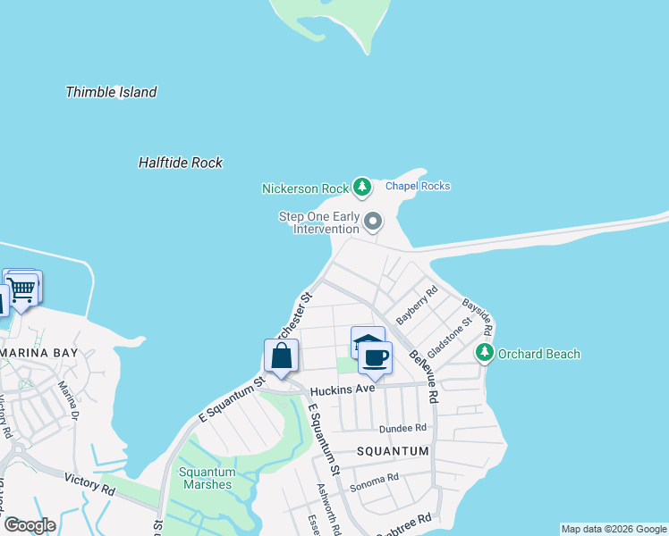 map of restaurants, bars, coffee shops, grocery stores, and more near 10 Shoreham Street in Quincy