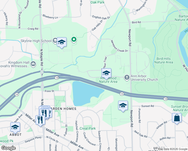 map of restaurants, bars, coffee shops, grocery stores, and more near 1800 Riverwood Drive in Ann Arbor