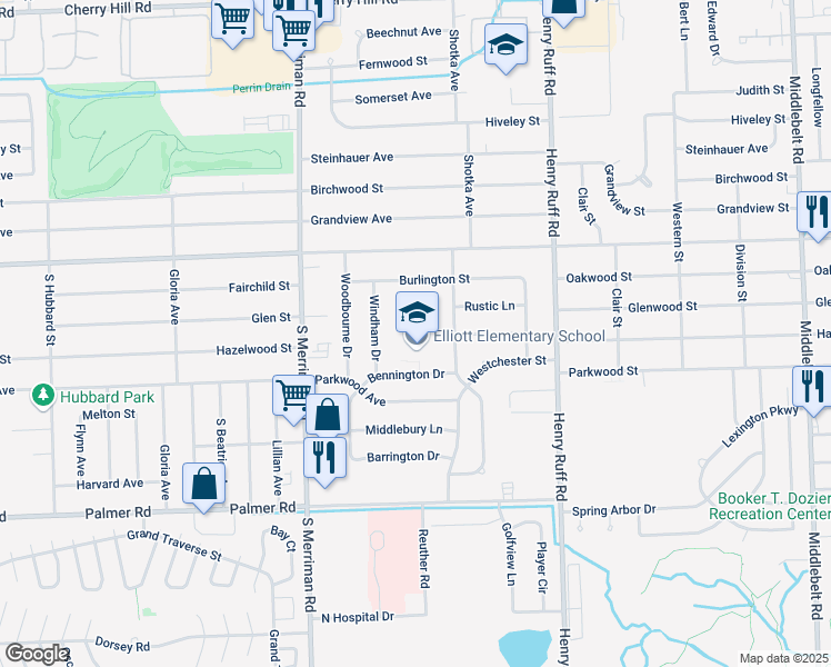 map of restaurants, bars, coffee shops, grocery stores, and more near 30800 Bennington Street in Westland