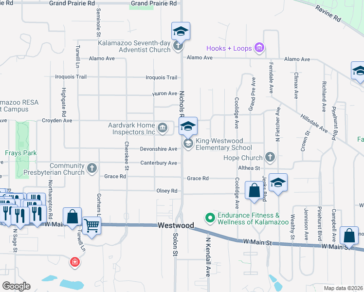 map of restaurants, bars, coffee shops, grocery stores, and more near 1027 Nichols Road in Kalamazoo