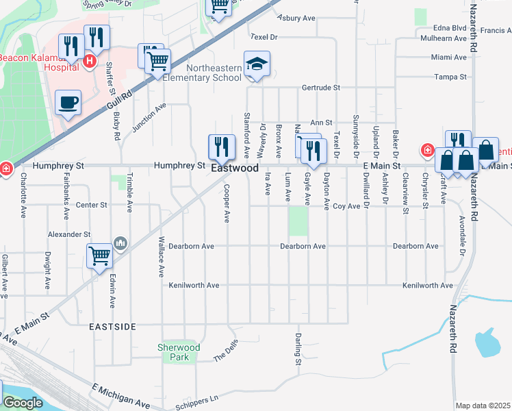map of restaurants, bars, coffee shops, grocery stores, and more near 2413 Coy Avenue in Kalamazoo