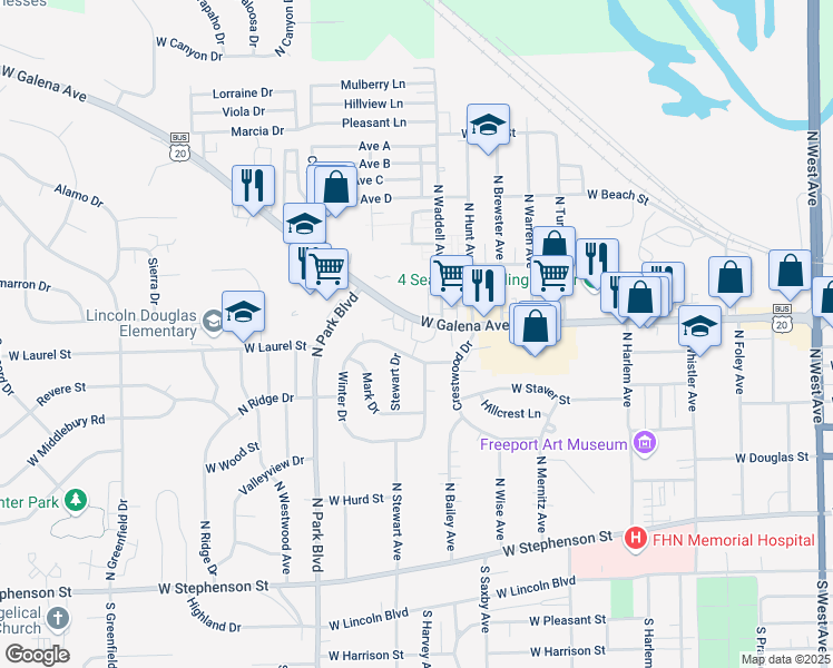 map of restaurants, bars, coffee shops, grocery stores, and more near 1421 West Galena Avenue in Freeport