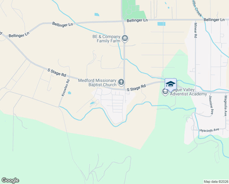 map of restaurants, bars, coffee shops, grocery stores, and more near 3955 South Stage Road in Medford