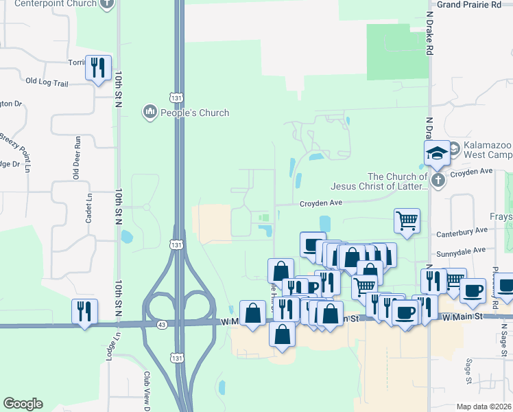map of restaurants, bars, coffee shops, grocery stores, and more near 5550 Summer Ridge Way in Kalamazoo