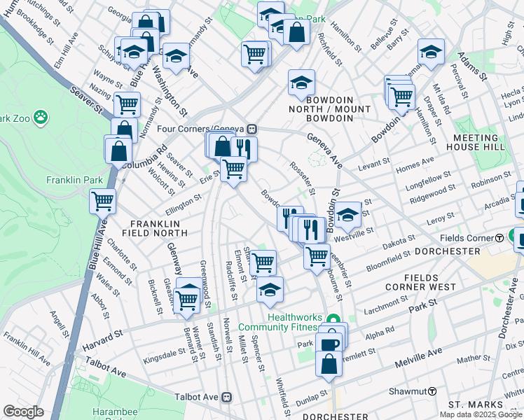 map of restaurants, bars, coffee shops, grocery stores, and more near 35 Bowdoin Avenue in Boston