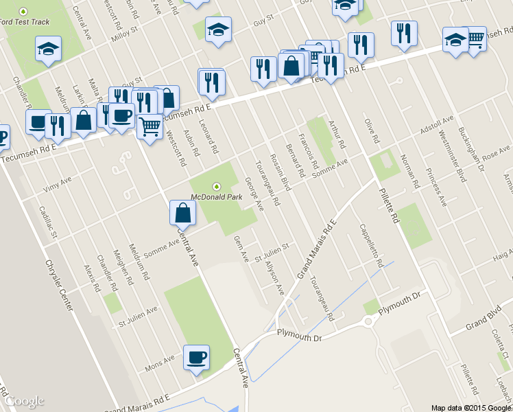 map of restaurants, bars, coffee shops, grocery stores, and more near 2503 George Avenue in Windsor