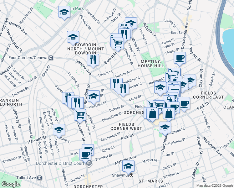 map of restaurants, bars, coffee shops, grocery stores, and more near 99 Topliff Street in Boston