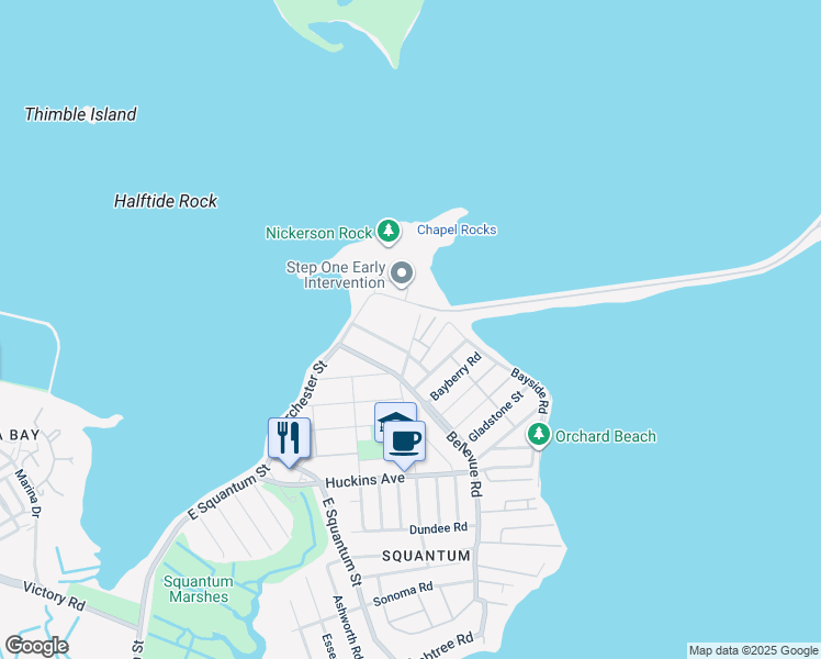 map of restaurants, bars, coffee shops, grocery stores, and more near 17 Standish Road in Quincy