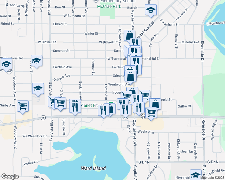 map of restaurants, bars, coffee shops, grocery stores, and more near 195 Foster Avenue in Battle Creek