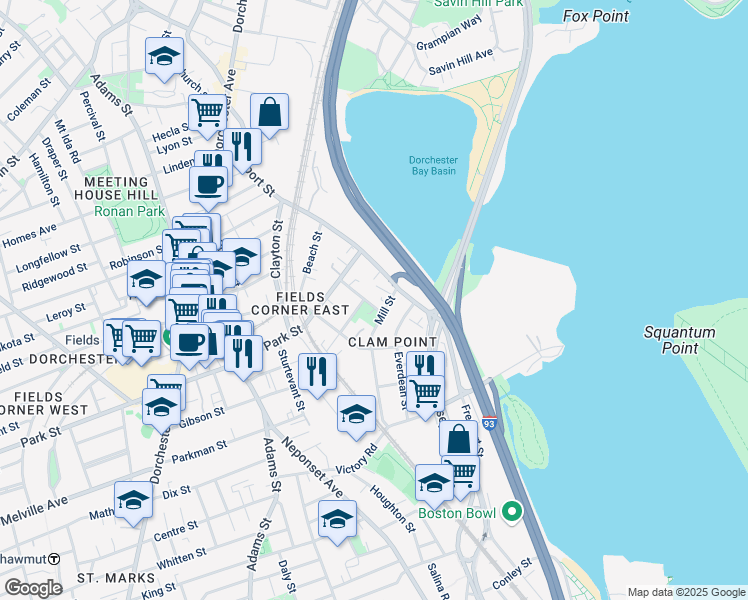 map of restaurants, bars, coffee shops, grocery stores, and more near 20 Everett Street in Boston