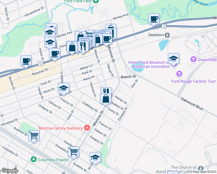 map of restaurants, bars, coffee shops, grocery stores, and more near 1515 Mason Street in Dearborn
