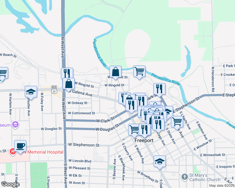 map of restaurants, bars, coffee shops, grocery stores, and more near 523 North Walnut Avenue in Freeport
