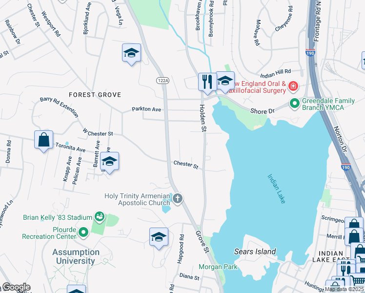 map of restaurants, bars, coffee shops, grocery stores, and more near 10 Jewett Terrace in Worcester