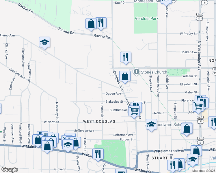 map of restaurants, bars, coffee shops, grocery stores, and more near 1311 Alamo Avenue in Kalamazoo