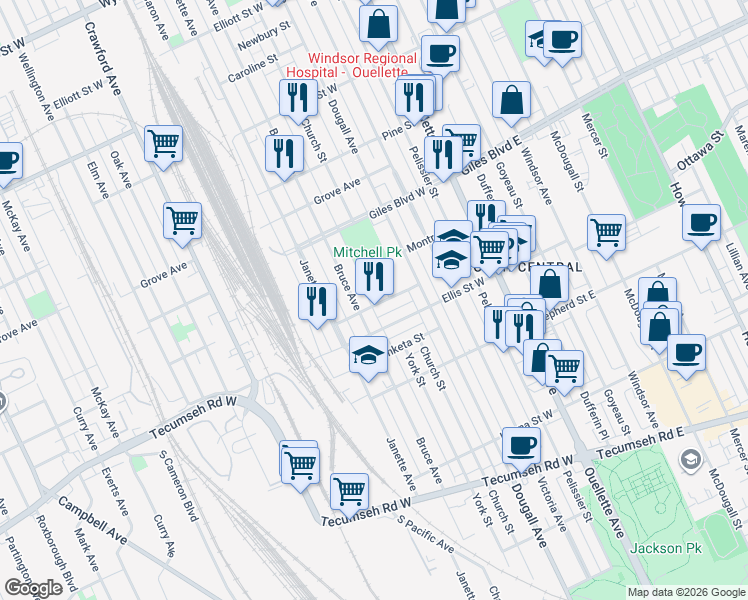 map of restaurants, bars, coffee shops, grocery stores, and more near 1355 Church Street in Windsor