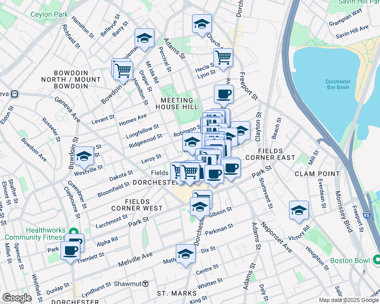 map of restaurants, bars, coffee shops, grocery stores, and more near 28 Arcadia Street in Boston