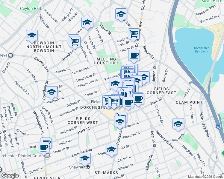 map of restaurants, bars, coffee shops, grocery stores, and more near 28 Arcadia Street in Boston