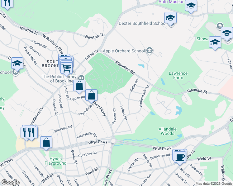 map of restaurants, bars, coffee shops, grocery stores, and more near 75 Payson Road in Brookline