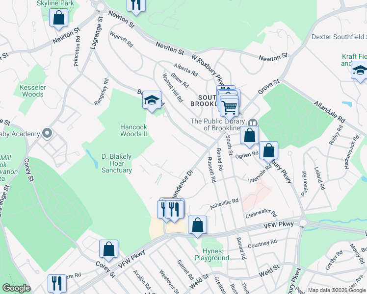map of restaurants, bars, coffee shops, grocery stores, and more near 271 Beverly Road in Brookline