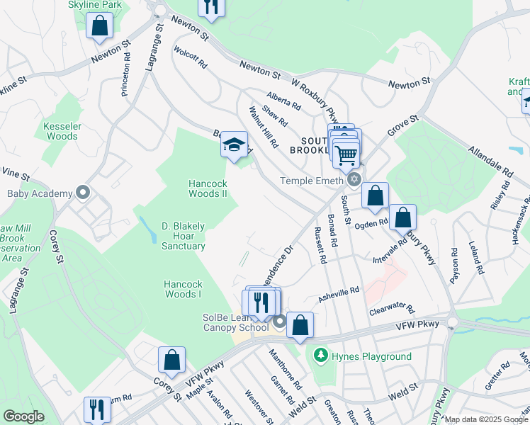 map of restaurants, bars, coffee shops, grocery stores, and more near 149 Gerry Road in Brookline