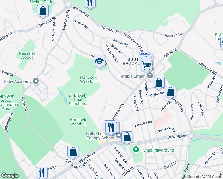 map of restaurants, bars, coffee shops, grocery stores, and more near 149 Gerry Road in Brookline