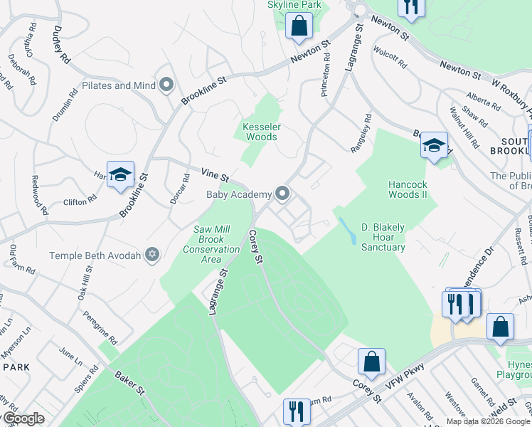 map of restaurants, bars, coffee shops, grocery stores, and more near 288 Lagrange Street in Newton