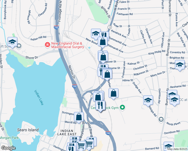 map of restaurants, bars, coffee shops, grocery stores, and more near 163 West Boylston Drive in Worcester