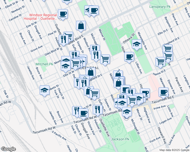 map of restaurants, bars, coffee shops, grocery stores, and more near 1477 Goyeau Street in Windsor