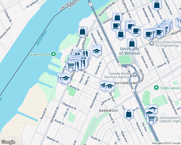 map of restaurants, bars, coffee shops, grocery stores, and more near 450 Mill Street in Windsor