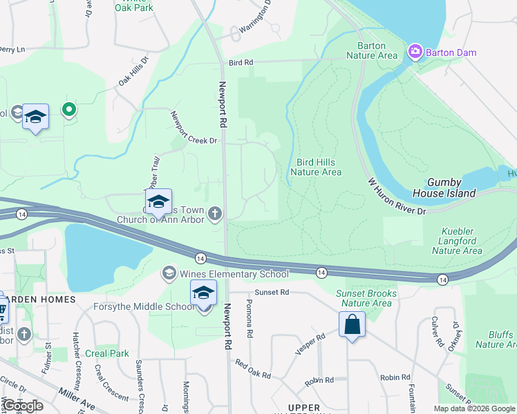 map of restaurants, bars, coffee shops, grocery stores, and more near 2110 Spruceway Lane in Ann Arbor