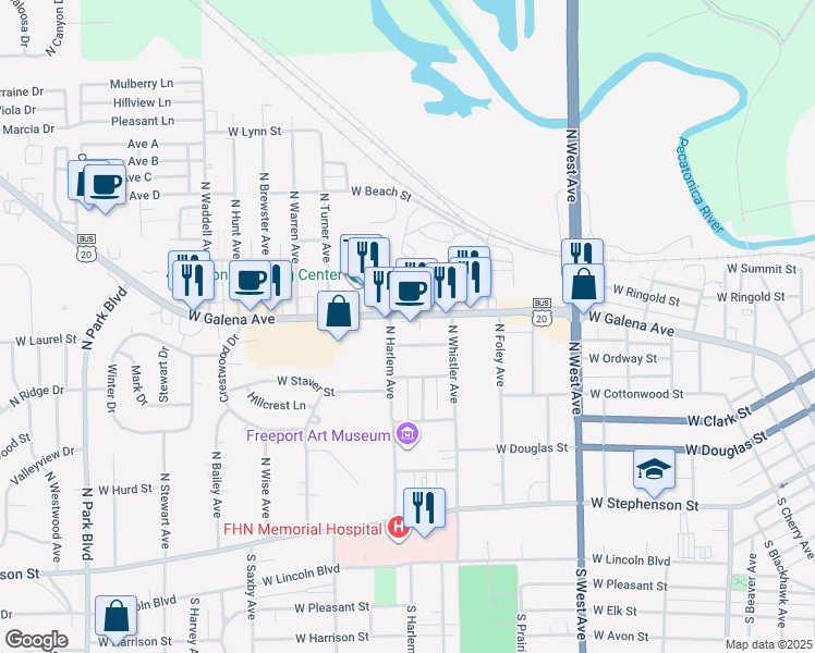 map of restaurants, bars, coffee shops, grocery stores, and more near 1009 West Galena Avenue in Freeport